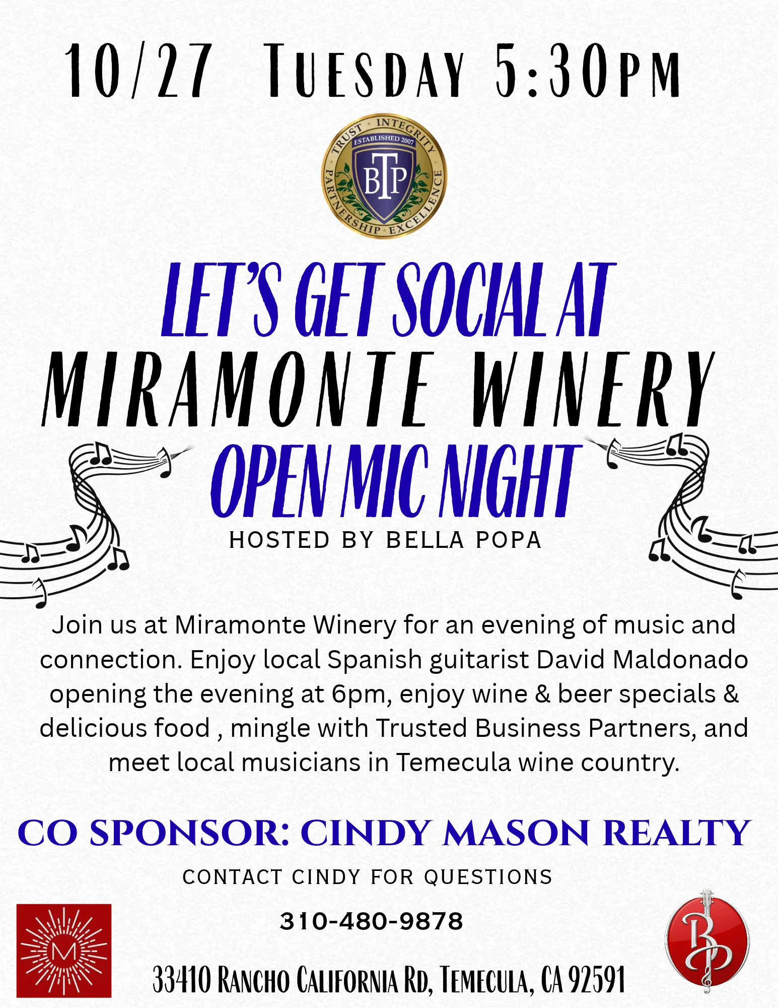Flyer: Let&rsquo;s Get Social at Miramonte Winery Open Mic Night hosted by Bella Popa, Tuesday, October 27 at 5:30 PM, with Spanish guitarist David Maldonado opening at 6 PM, co-sponsored by Cindy Mason Realty